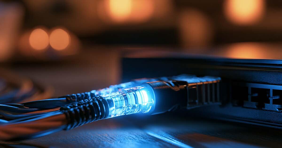 Οπτική ίνα συνδεδεμένη σε οικιακό router με μπλε φωτεινή ένδειξη