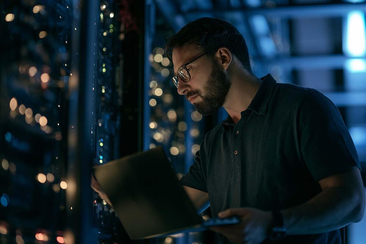 Μηχανικός δικτύων εργάζεται σε rack εξυπηρετητών με φορητό υπολογιστή