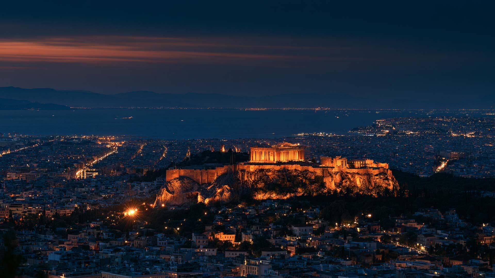 Νυχτερινή εναέρια άποψη της Αθήνας με φωτισμένη την Ακρόπολη