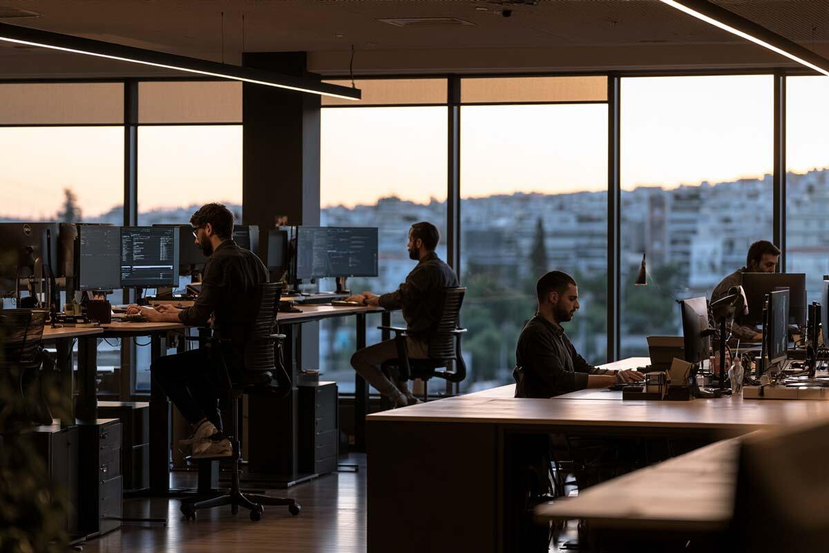 Σύγχρονο γραφείο ανοιχτού τύπου στην Αθήνα με εργαζόμενους σε σταθμούς εργασίας