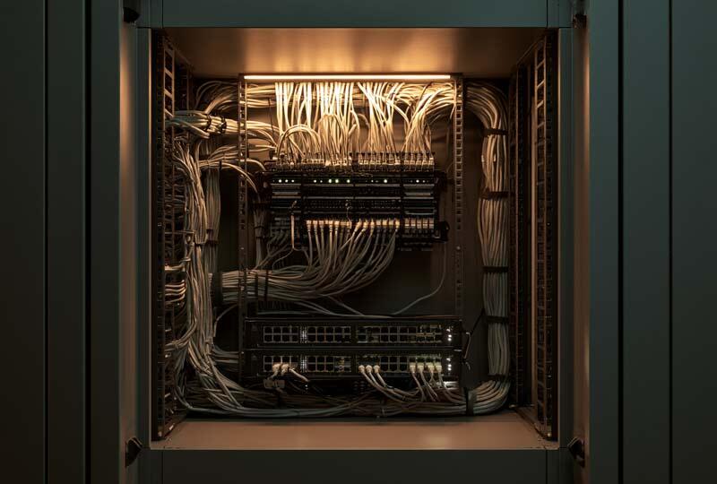 Επιτοίχιο rack με patch panel και switch σε γραφείο επιχείρησης